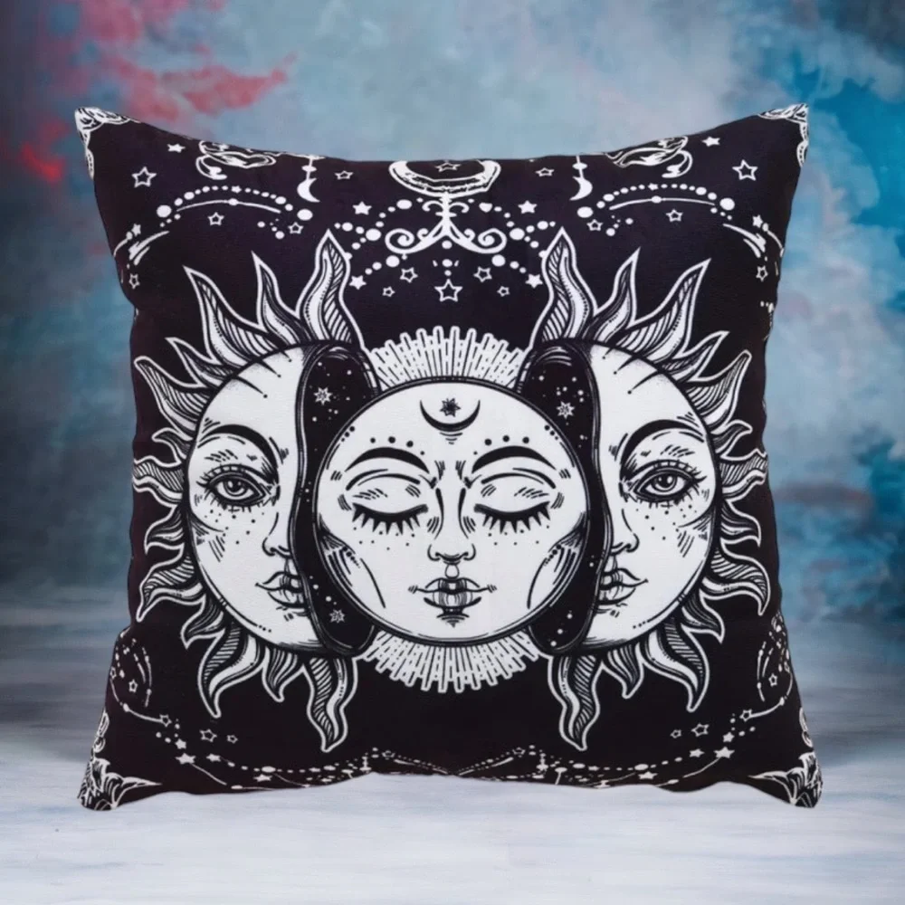 Pillow Cover Sun Moon Celestial Mystical Zippered Large Black White 17.7 in